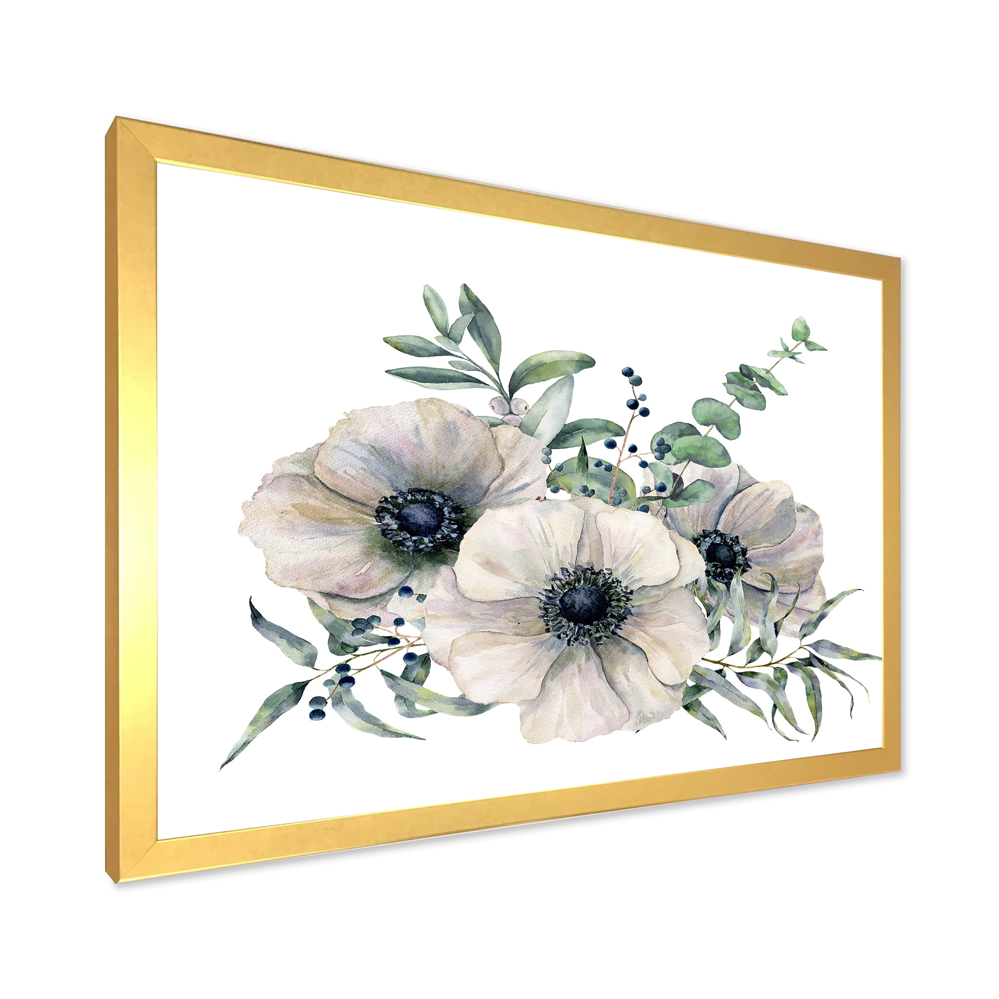 Designart 'Eucalyptus Leaves With White Anemone Bouquet' Traditional Framed Art Print