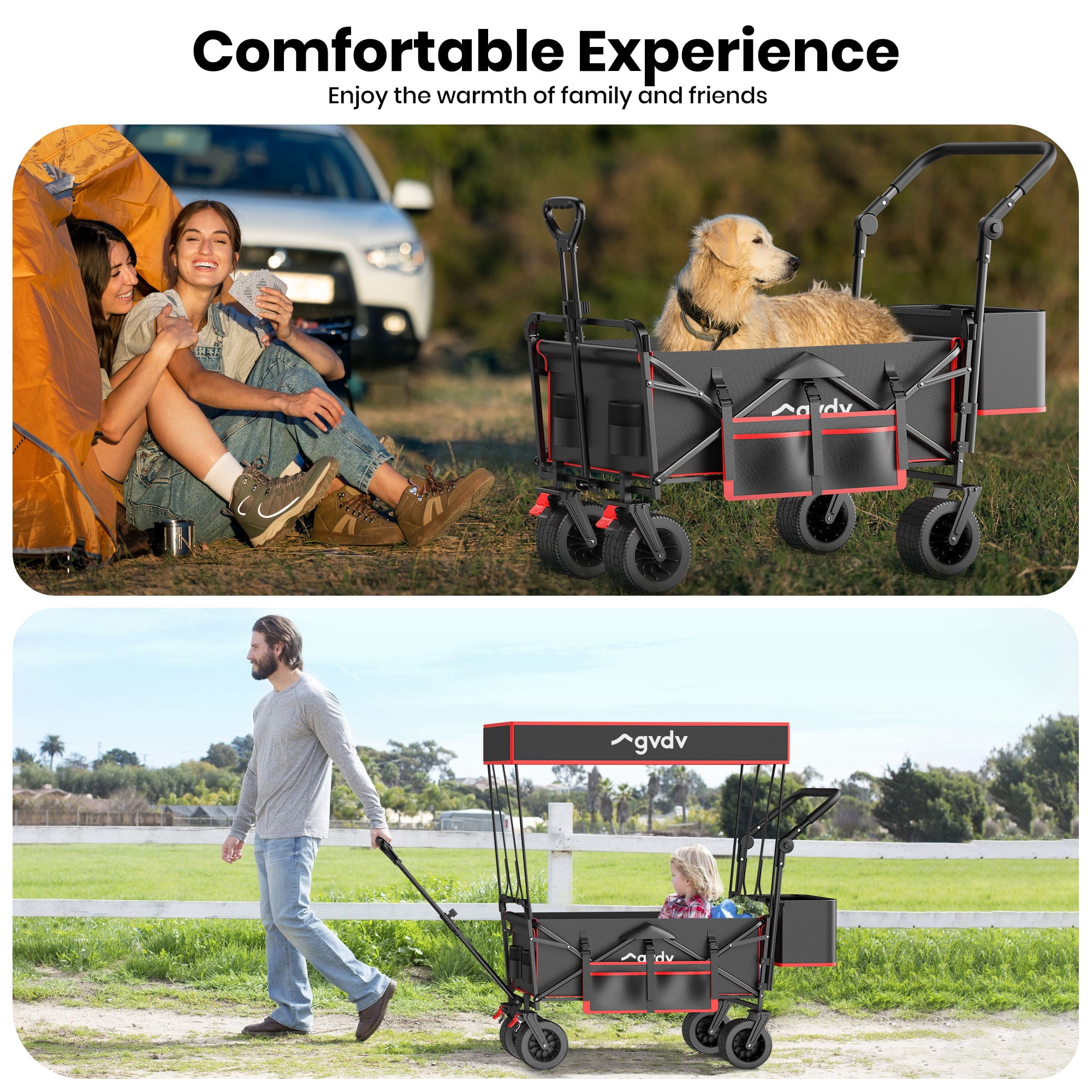 GVDV Collapsible Wagon Cart with Removable Canopy, Foldable Utility Cart with All-terrain Wheels, Versatile Folding Wagon for Kids, Grocery, Shopping and Camping, Black