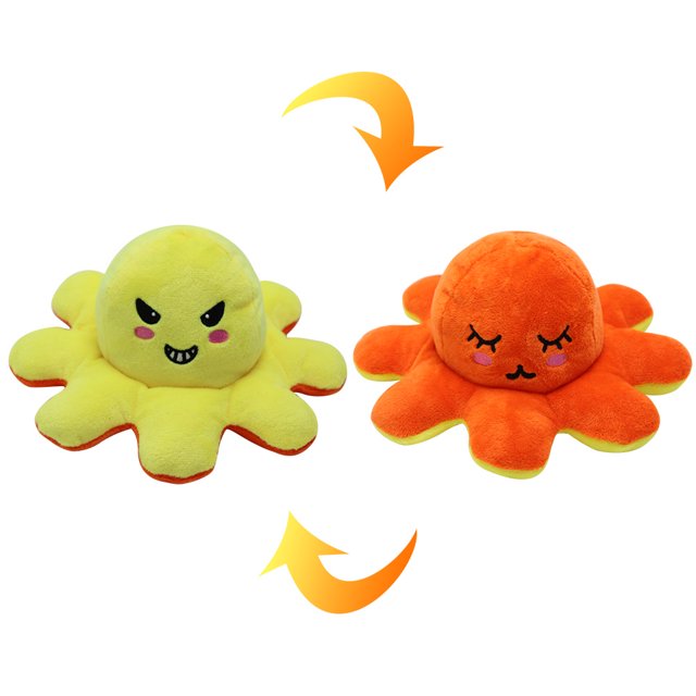 Jouet en Peluche Pieuvre Réversible Expression Double Face Poupée Pieuvre Mignonne (Jaune Orange, 8 Pouces)