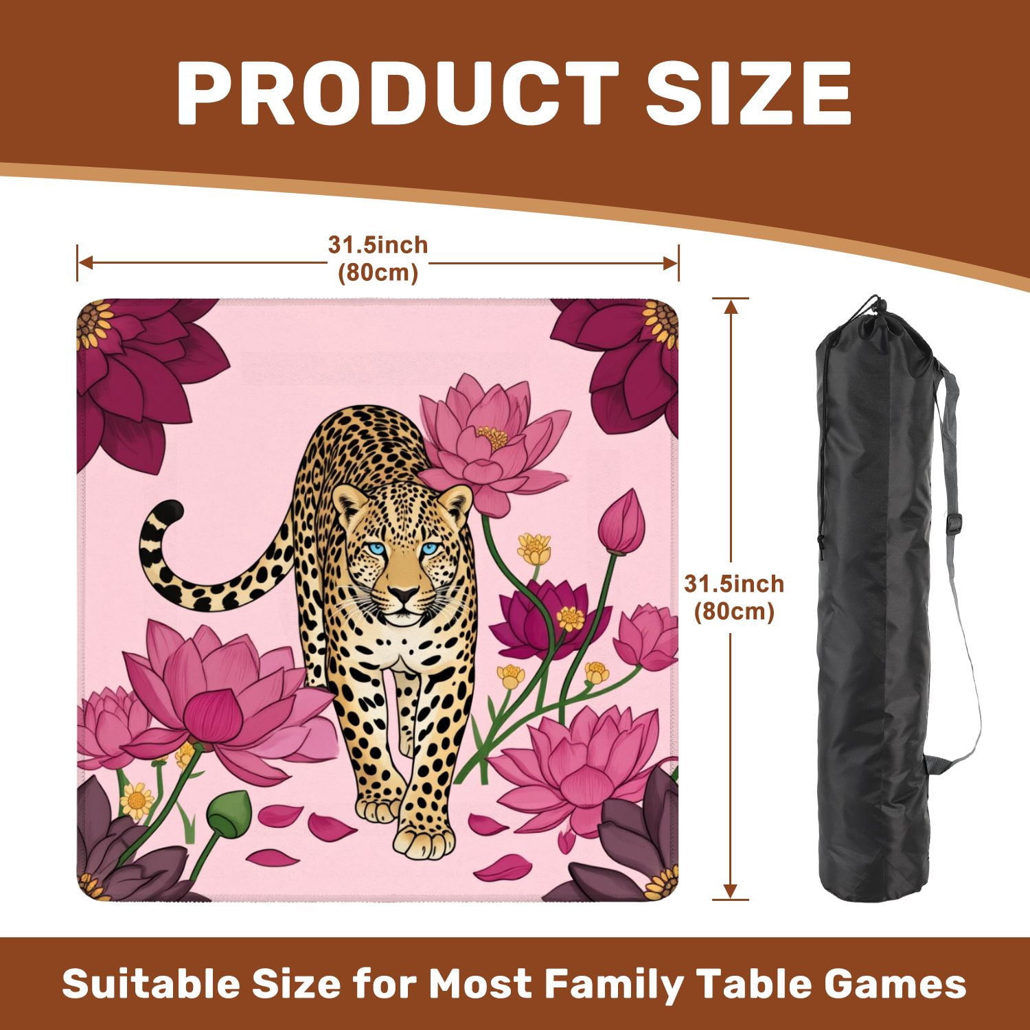 Mahjong Mat 31.5" x 31.5" Majestic Leopard Blue Eyes Among Pink Purple Lotus Flowers Non-Slip Noise Reduction American Mahjong Tiles Table Cover for Dominoes Poker Card Board Games Gift
