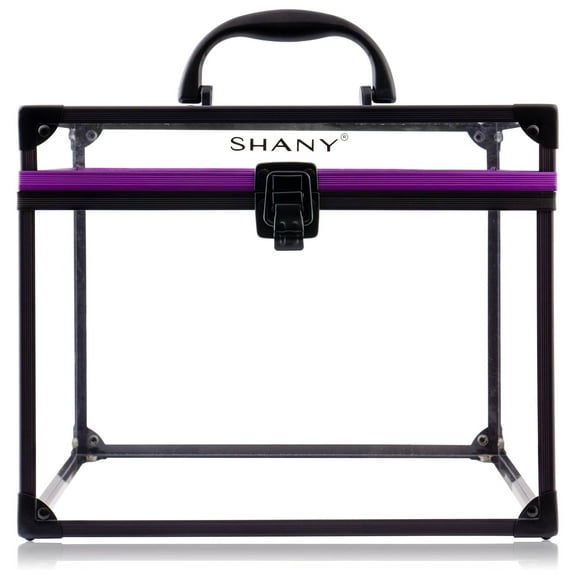SHANY Clear Cosmetics and Toiletry Train Case - Clear Travel Makeup Bag Case Organizer with Secure Closure and Black/Purple Accents - Extra Large