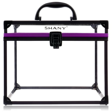 SHANY Clear Cosmetics and Toiletry Train Case - Clear Travel Makeup Bag Case Organizer with Secure Closure and Black/Purple Accents - Extra Large