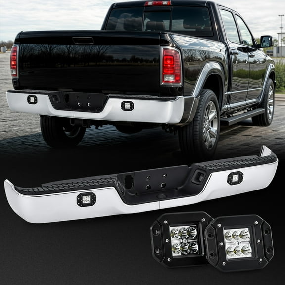 Rear Bumper for 09-18 Ram 1500 2500 3500 Single Exhaust LED Lights Nickel