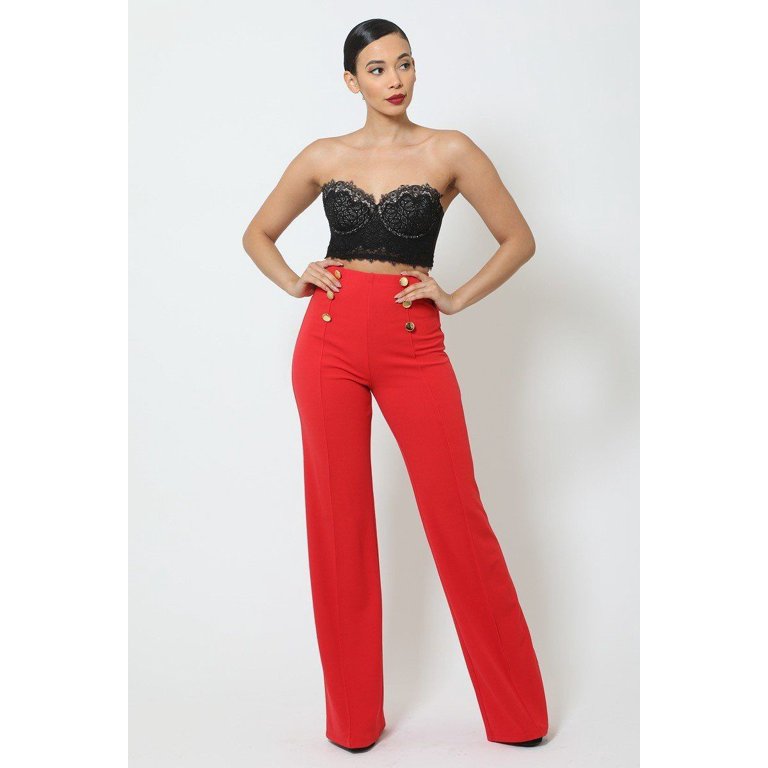 Button front wide leg crepe pants