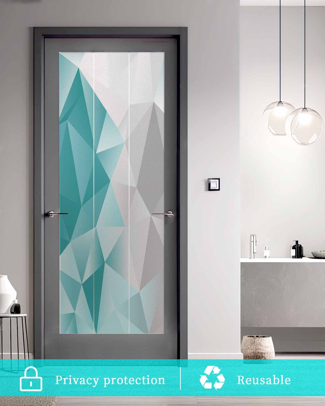 Window Privacy Film, Turquoise Green Grey Ombre UV Sun Blocking Window Tint Film Heat Control One Way Blackout Window Film, Geometric Gradient Marble Color Block Non Adhesive Static Cling 23.6x59 In