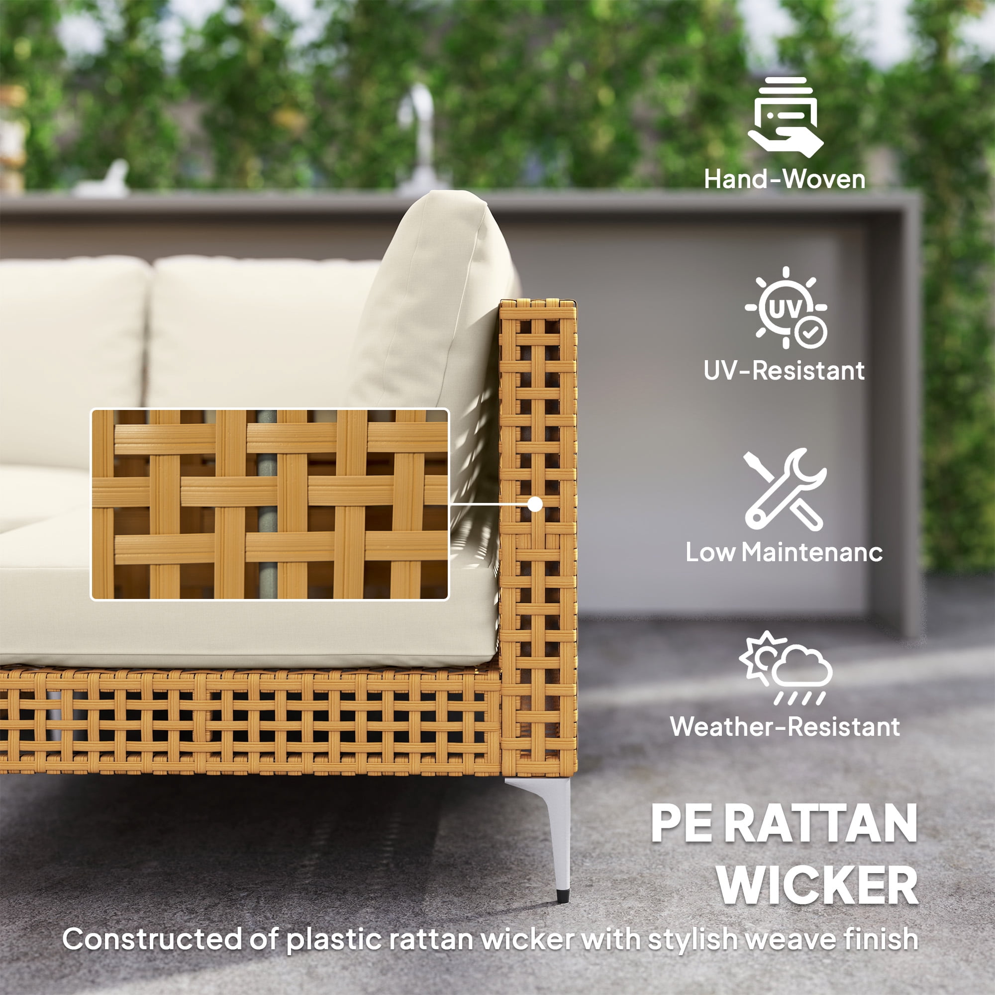Outsunny 7 Piece Wicker Patio Furniture Set, Modular Outdoor Sectional Conversation Set with Thickened Cushions, Acacia Wood Table, Khaki/Beige