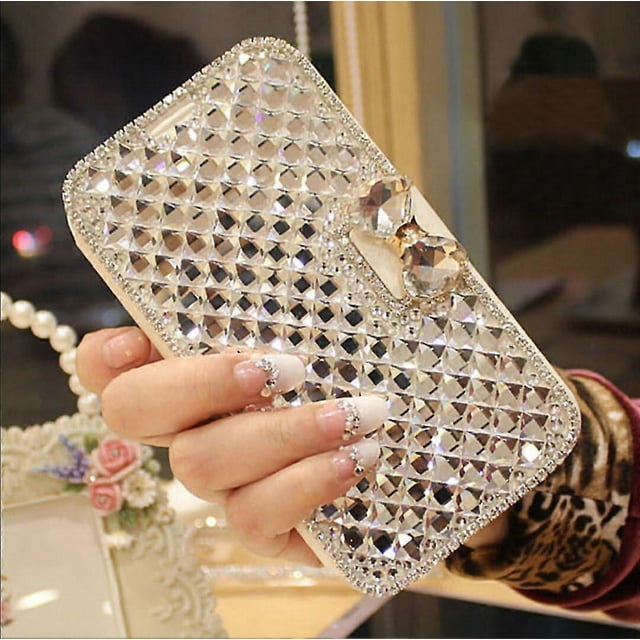 Compatible with iPhone 14 Women's Wallet Protective Case Cute Shiny Luxury Shiny bow Crystal Diamond Rhinobit Wallet Clamshell Holder Protect full bod