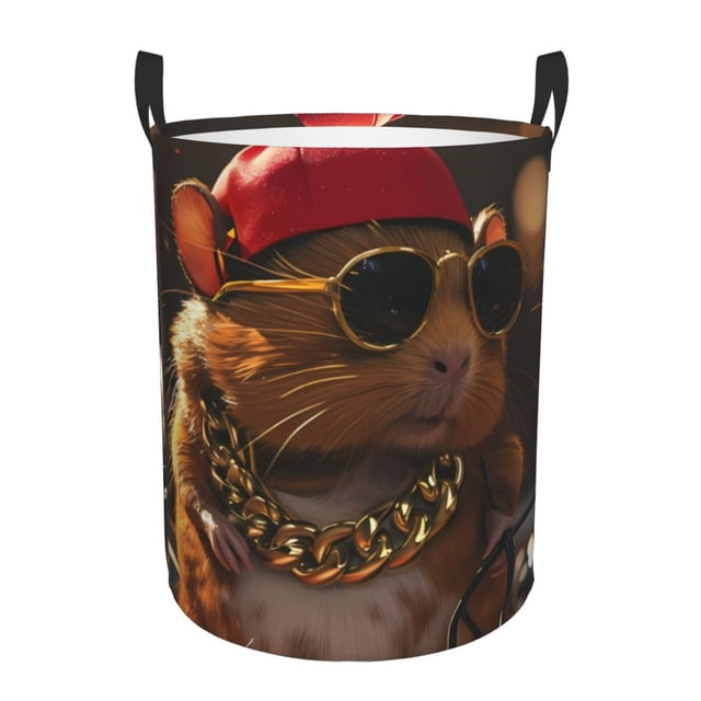 Balery Hip-Hop Guinea Pig. Cesta de ropa redonda con asas, impermeable, independiente, para ropa, juguetes, dormitorio y familia-Medium
