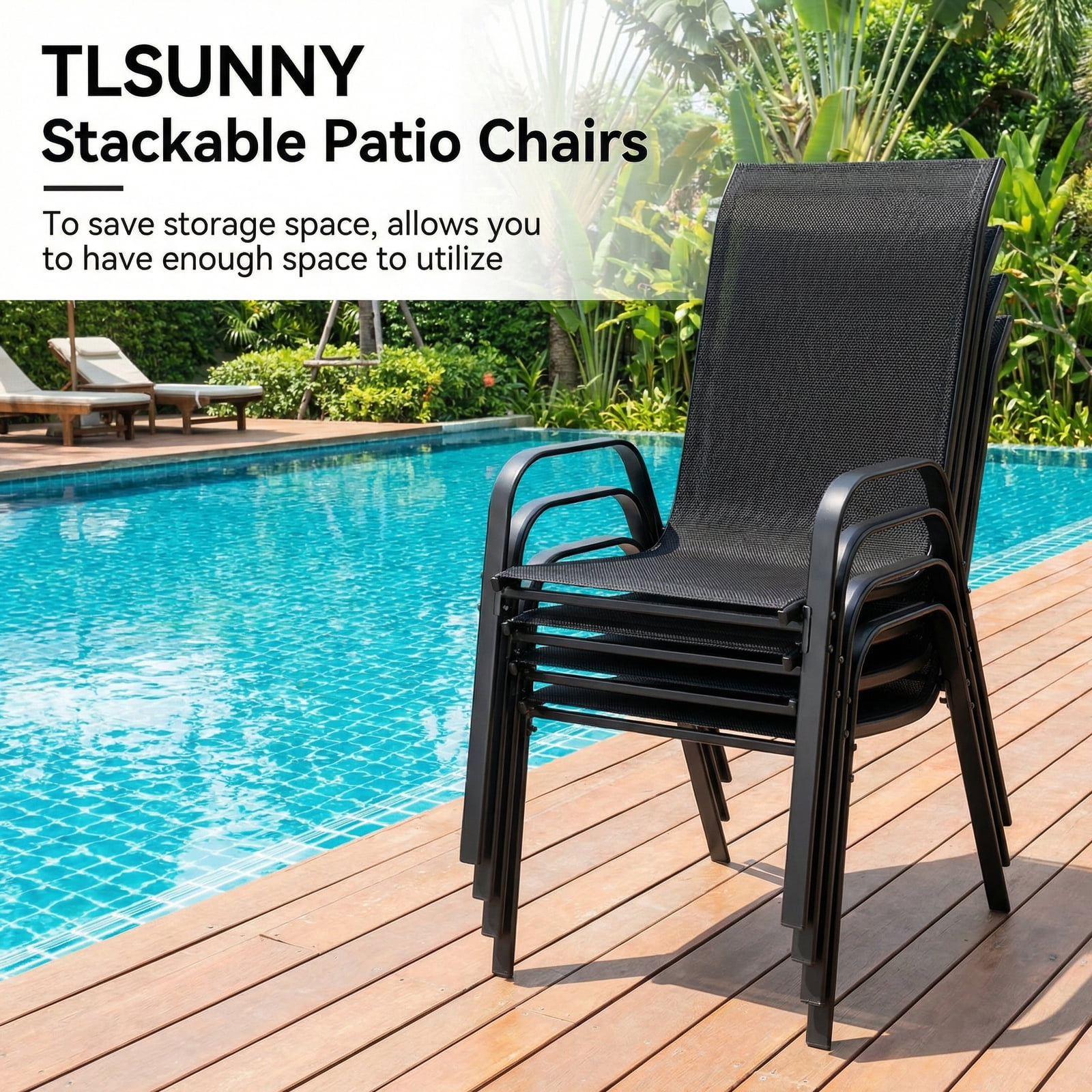 TLSUNNY Outdoor Dining Chairs Set of 4, Stackable Patio Chairs, w/ Armrests, All Weather for Backyard, Deck