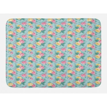 Shabby Chic Bath Mat, Colorful Roses Vegetation in the Summer with Leaves Bridal, Non-Slip Plush Mat Bathroom Kitchen Laundry Room Decor, 29.5 X 17.5 Inches, Pale Pink Yellow Turquoise, Ambesonne