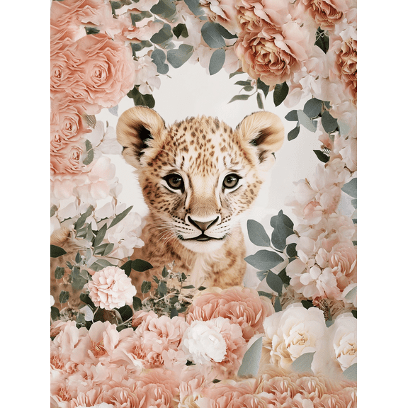 Cute Leopard Cub Floral Canvas Print/Wall Art, Suitable for Living Room, Bedroom, Nursery, Office, and Gallery Wall Decor