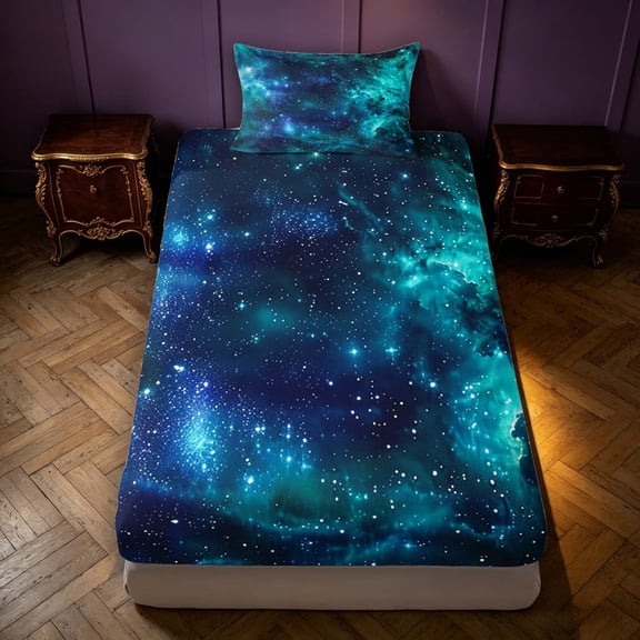 Manfei Dreamy Teal Galaxy Twin Fitted Sheet,Sparkling Stars Print Bedding,2-Piece