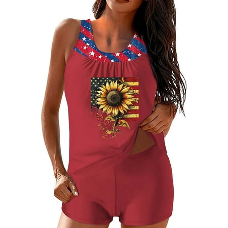 Lroveb Tankini Swimsuits for Women Independence Day American Flag Graphic Bathing Suits Two Piece Swim Tank Top With Boyshorts Ladies Swimwear 4th of July Swim Suit
