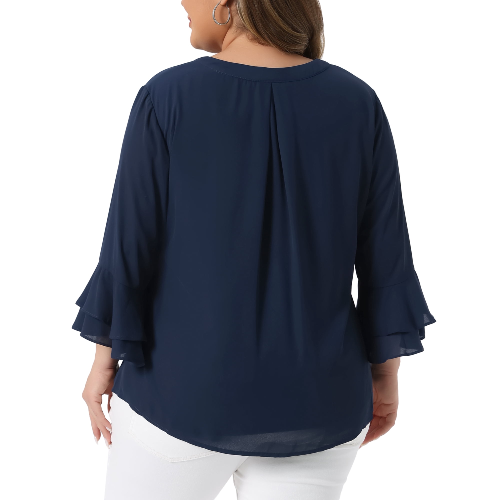 DARING DIVA Women's Plus 3/4 Bell Sleeve Notch Chiffon Tunic Shirts 2X Navy Blue