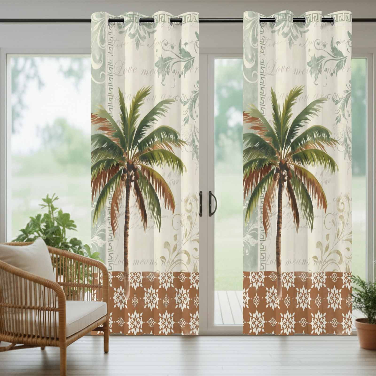 Palm Tree Outdoor Curtains for Patio, Summer Island Plant Brown Boho Floral Sunshade Privacy Drapes Grommet Waterproof Outside Curtains for Porch/Cabana/Balcony 54"x 108", 1 Panel
