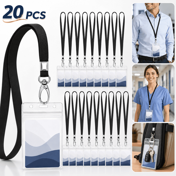 USTOP 20 Pack Lanyards for ID Badges with Vertical Clear ID Badge Holders, 19.5" Black Neck Lanyards with Waterproof Resealable Card Holder for Office, School, Nurses, Events
