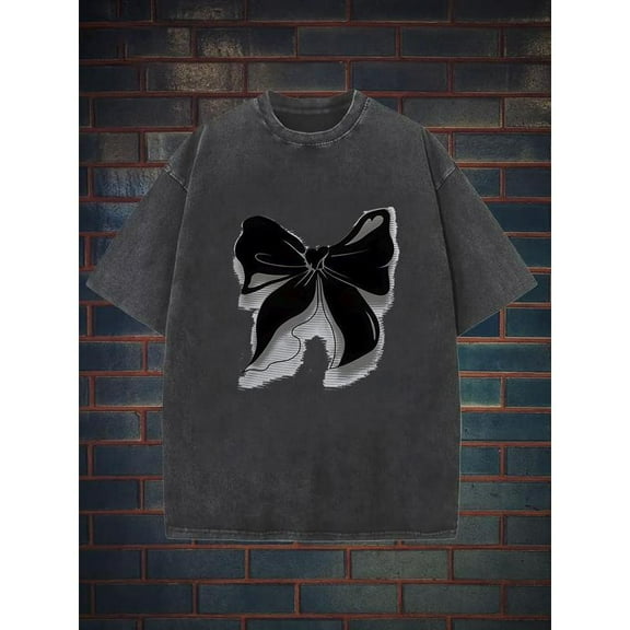 Bow Tie Graphic Tee T-Shirt Black Cotton Top Washable Loose Fit Short Sleeve Round Neck Casual Black S-2XL Plus Size
