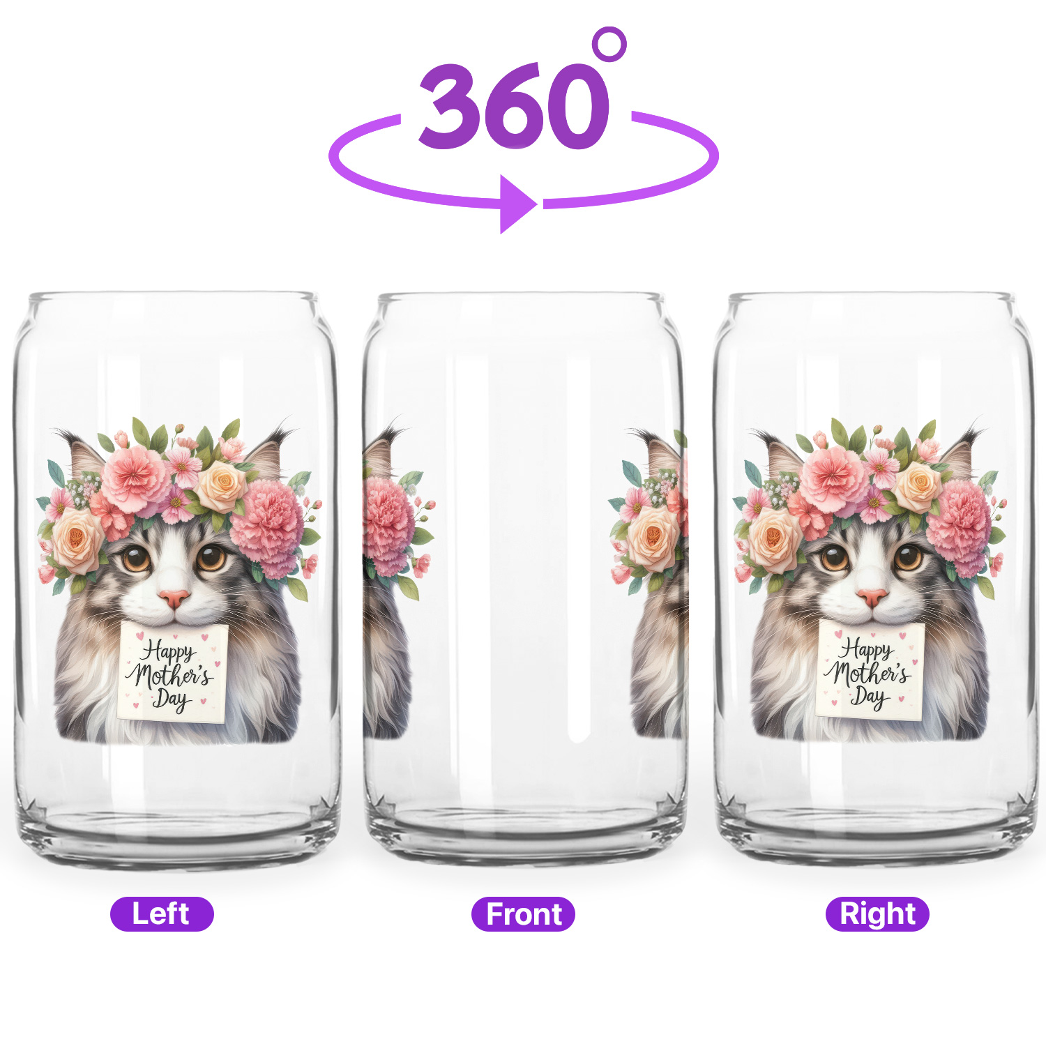 Happy Mother's Day Maine Coon with Flower Crown and Greeting Card 16oz Glass Cup Mug Cat Lover Kitten Owner Gifts Glass Can - 13004