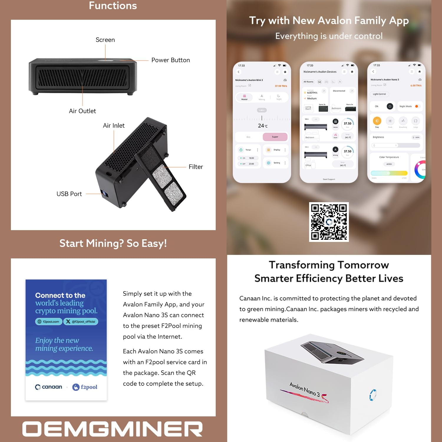 New Canaan Avalon Nano 3S BTC Miner - 6 TH/s 140W Bitcoin ASIC Miner - Quiet with Canaan Original Power Supply - Supports Solo Mining & Stake Pool for Office and Home Use