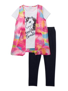 Forever Me Flip Sequin Unicorn Tee, Tie Dye Cozy Vest and Knit Denim Leggings, 3-Piece Outfit Set (Little Girls & Big Girls)