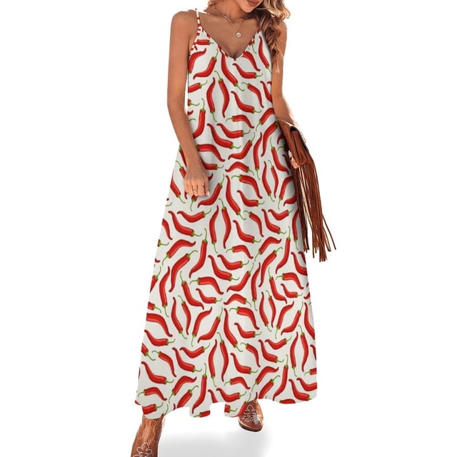 Vestido sin mangas con estampado de chile rojo picante y fondo blanco Vestidos de novia Falda de mujer