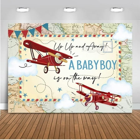 Image of Mocsicka Airplane Baby Backdrop Vintage Plane Adventure Awaits Boy Baby Party Decorations Background