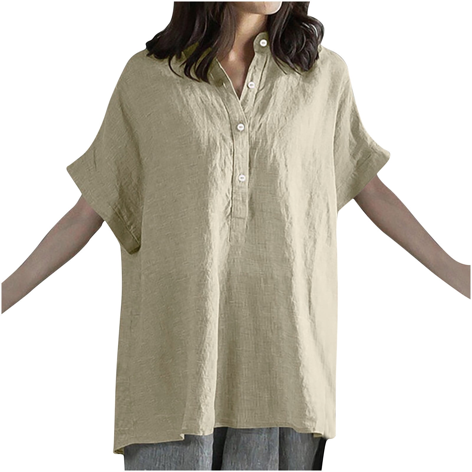 Womens Plus Size Cotton Linen Shirts Button Up Short Sleeve Tops Summer Casual Solid Loose Fit