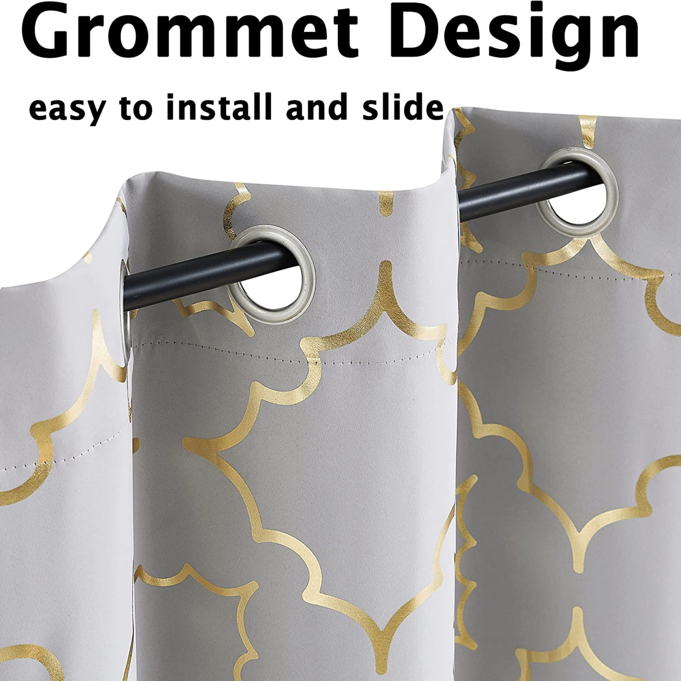 Junvictex Blackout Gold-Grey Grommet Curtain for Bedroom 52"Wx84"L Foil Metallic Print Energy Efficient Drapes,2 Panels