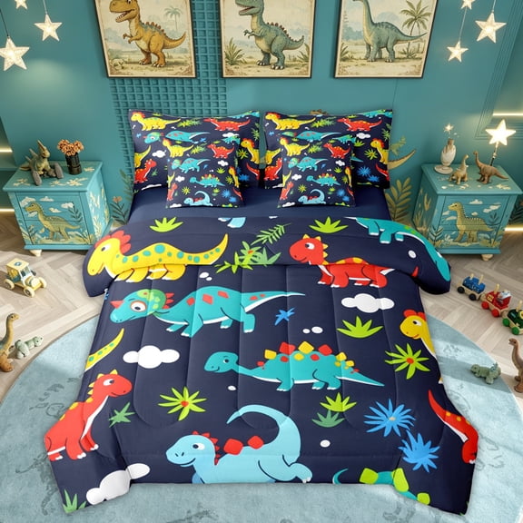 Feelyou Jungle Dino Twin Bedding Sets for Kids Boys Girls, Tropical Wildlife Bedding Comforter Set, Navy, Blue Reversible, 7 Pieces