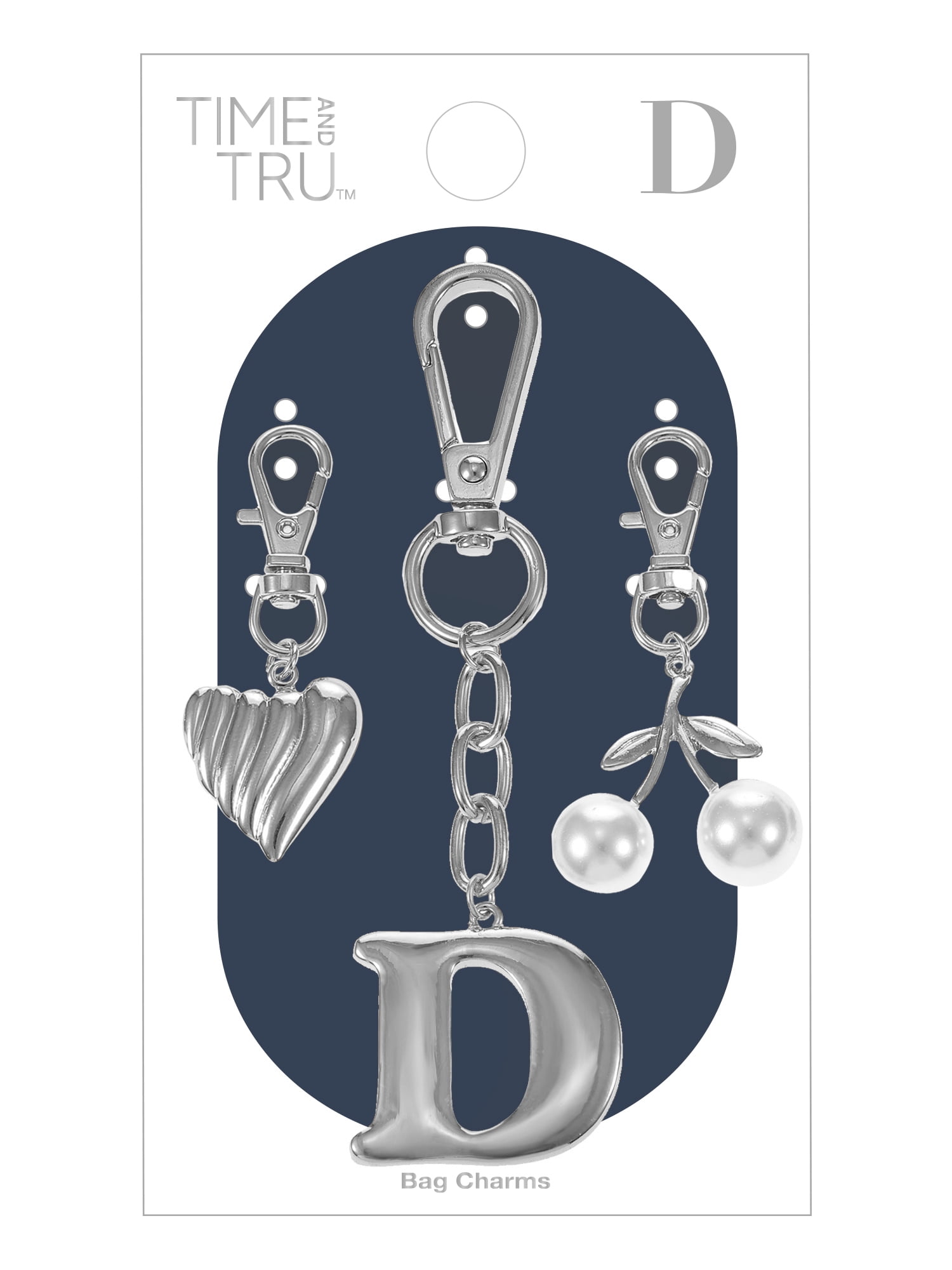 Time and Tru Silvertone Initial Letter Bag Charm Set, 3 Pieces, Letter D
