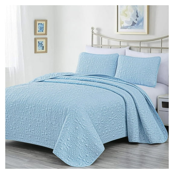Luca 3-Piece King Size Quilt Set Chambray Blue - Soft Summer Lightweight Oversized King Bedspread 118 x 106, Floral Medallion Pattern Coverlet for All Season