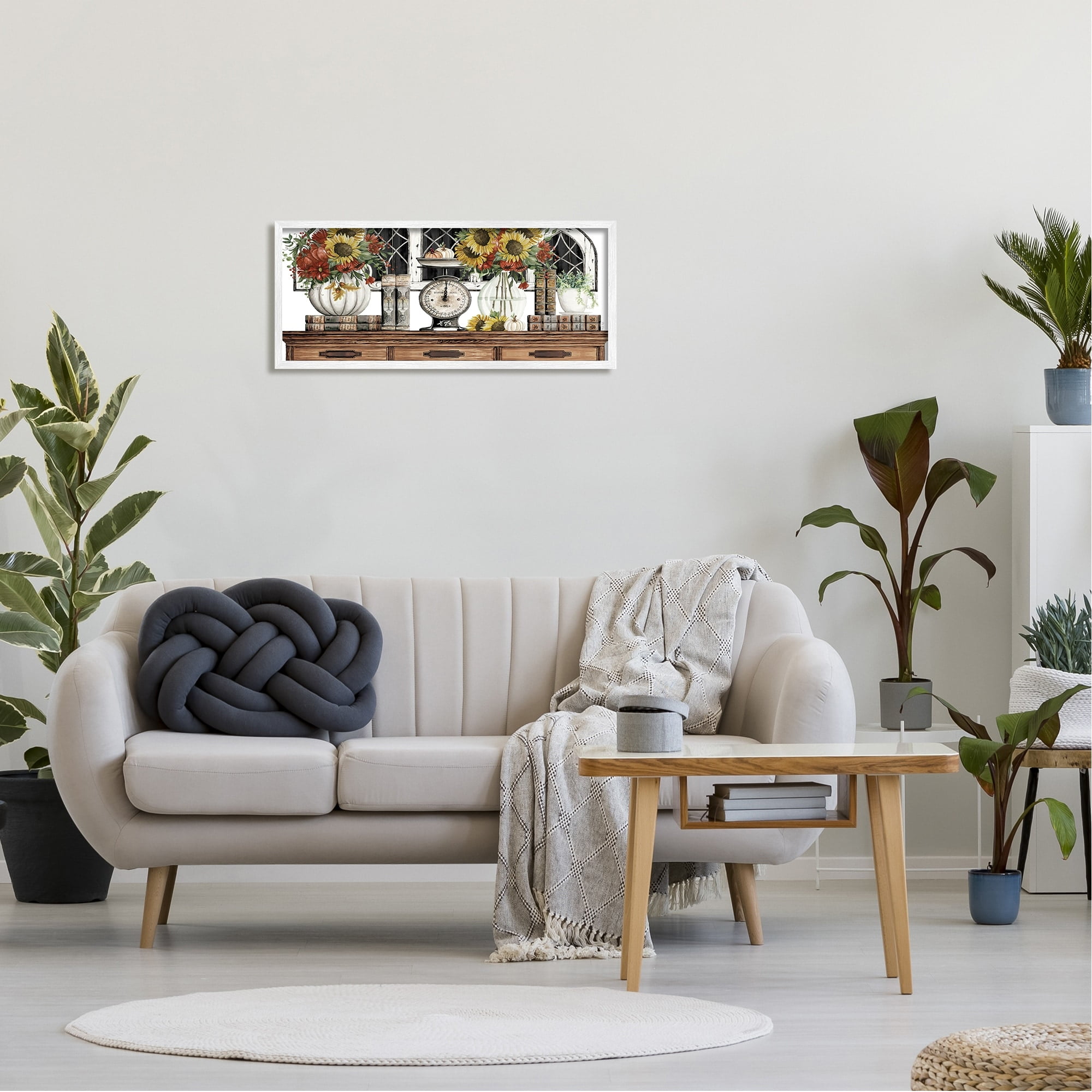 Stupell Industries Sunflowers Atop Antique Furniture Vintage Scale Books Painting White Framed Art Print Wall Art, Design by Cindy Jacobs