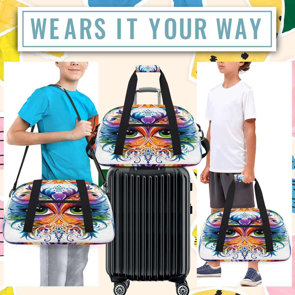 Herdesigns Mardi Gras Sports Duffle Bag for Women & Men, Festival Masquerade Party Gym Bag Dance Bag Overnight Bag Carry On Weekender Travel Bag