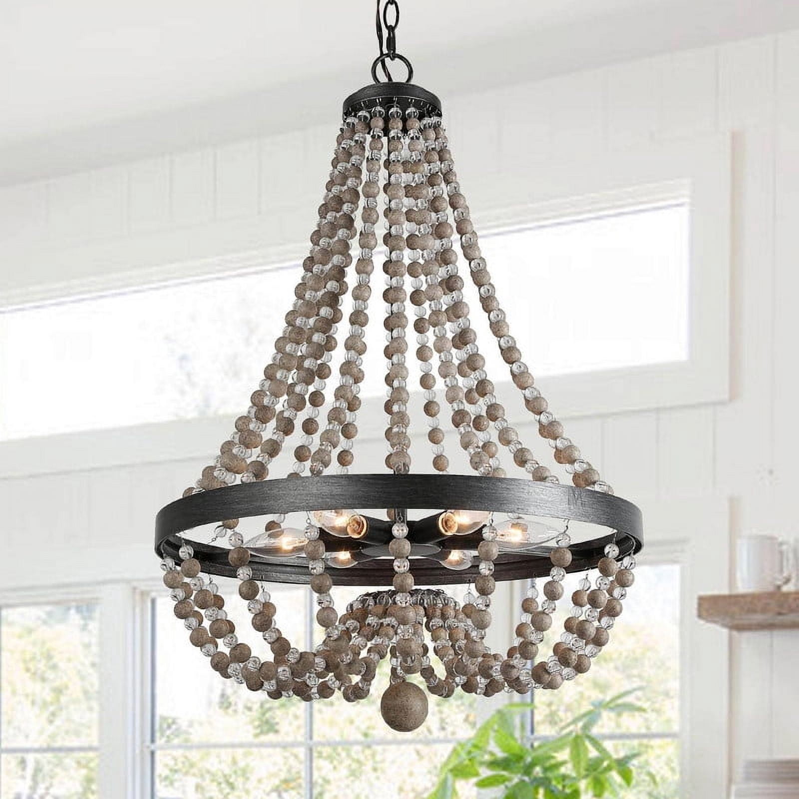 LNC 6-Light Distressed Gray and Black Beaded Bohemian Empire Farmhouse Chandelier