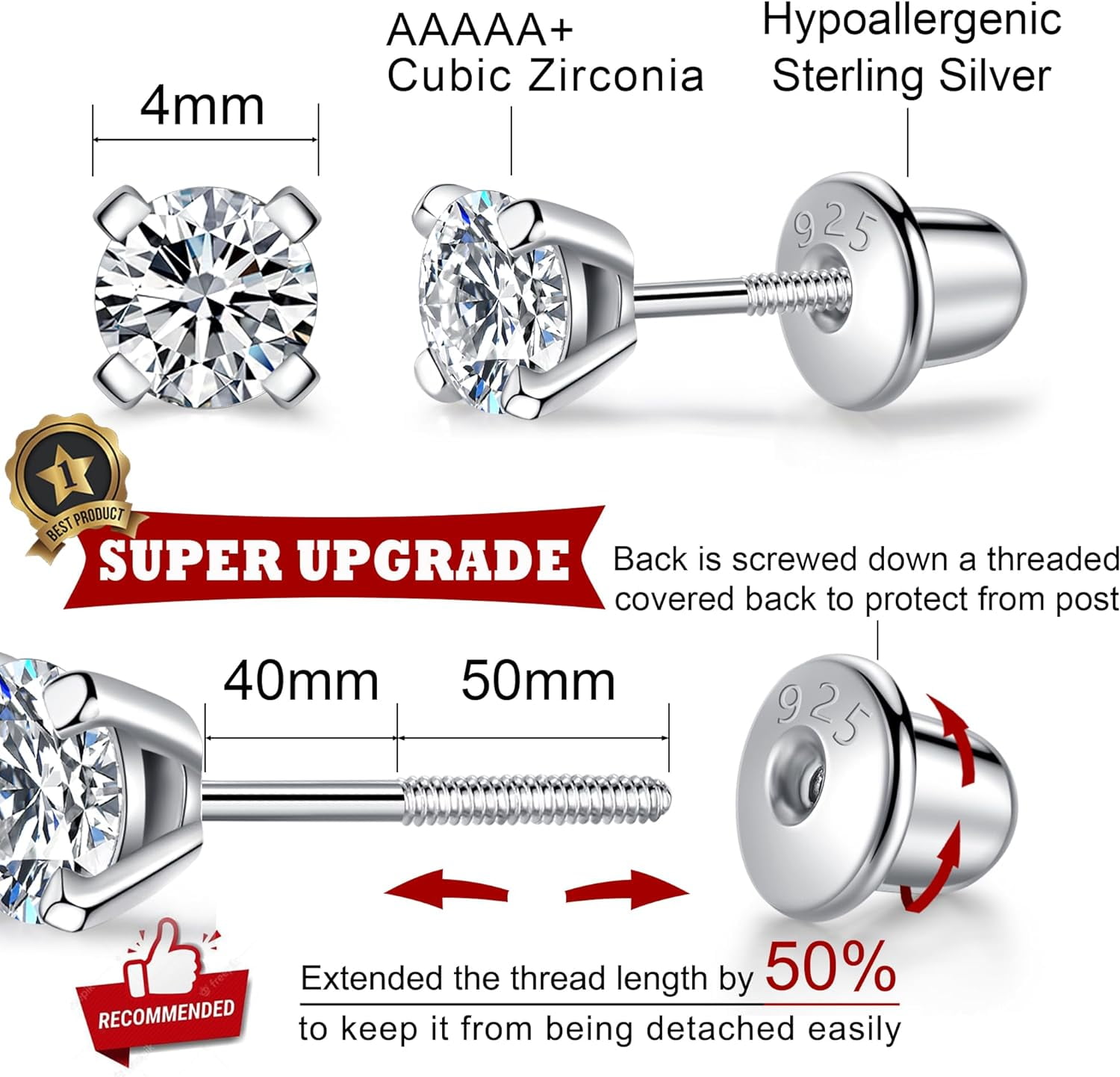 925 Sterling Silver Earrings Stud With Screwback Cubic Zirconia For Women Earring With Screw Backs Cz Hypoallergenic (Cz-White)[Z5957]