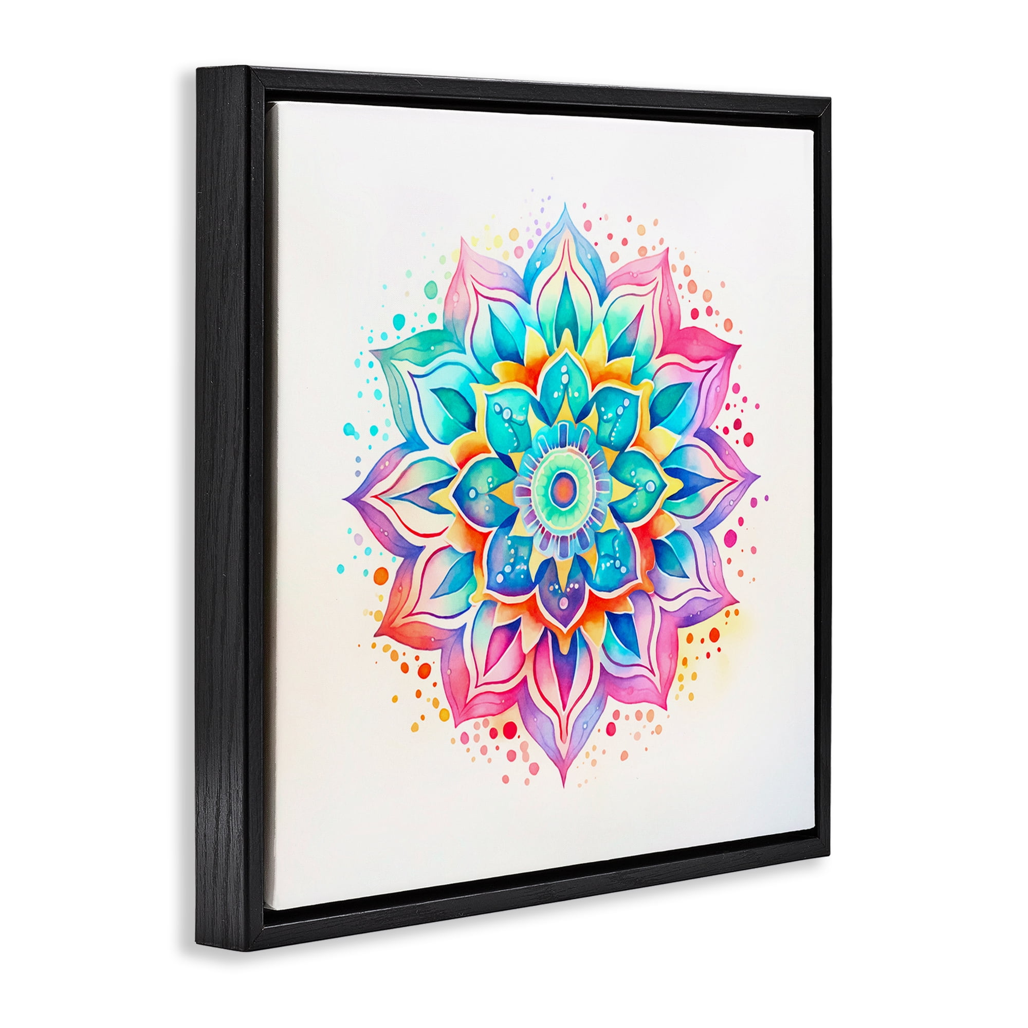 Stupell Industries Magic Rainbow Mandala Abstract Painting Black Floater Framed Canvas Art Print Wall Art, 18 x 18