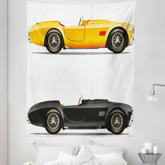 Vintage Tapestry, Retro Nostalgic Cars Auto Engine Vehicle Inspired Lifestyle Design, Fabric Wall Hanging Decor for Bedroom Living Room Dorm, 5 Sizes, Earth Yellow Black, by Ambesonne