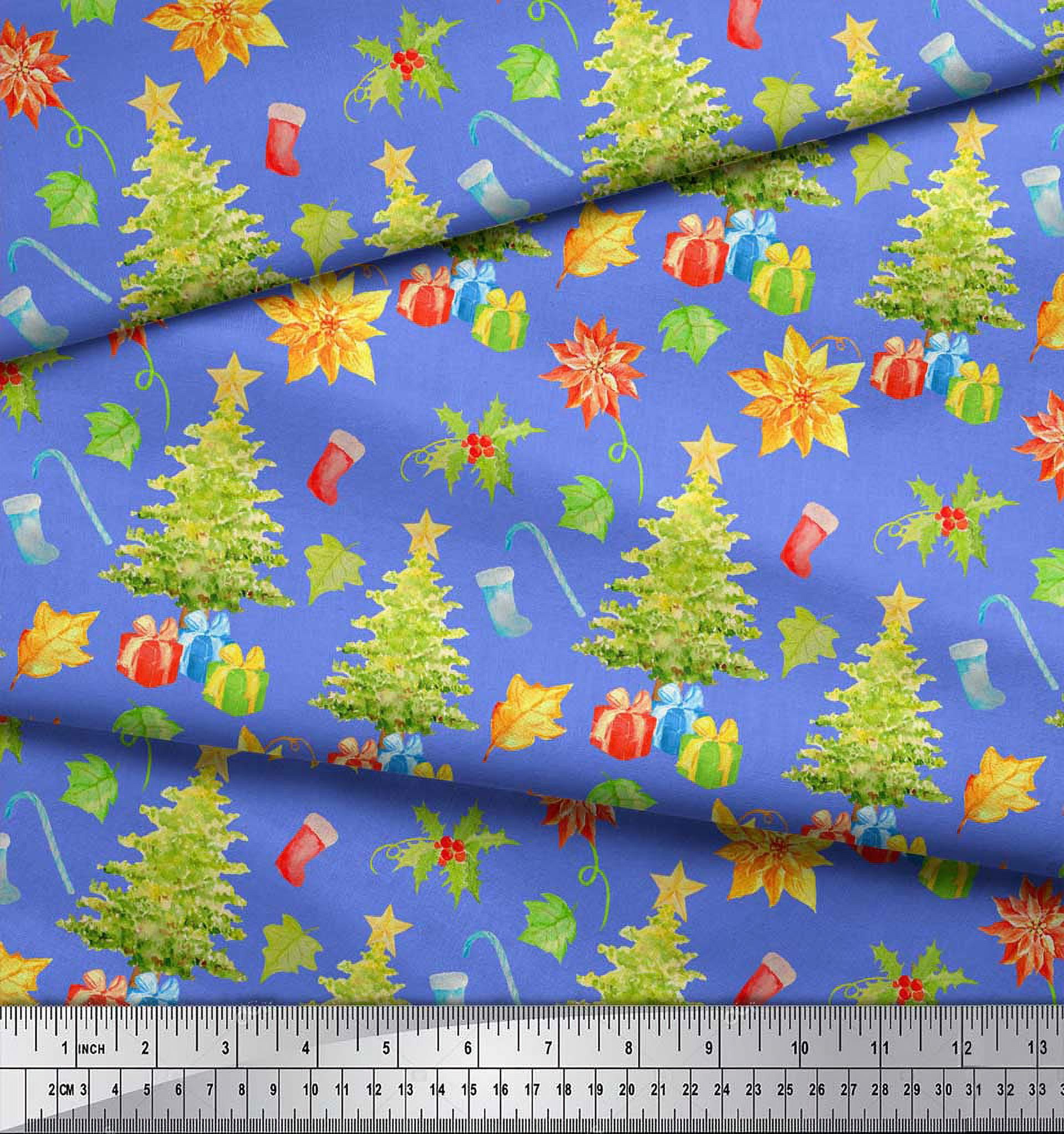 Soimoi Blue Cotton Duck Fabric Gifts & Christmas Tree Printed Craft Fabric by the Yard 56 Inch Wide