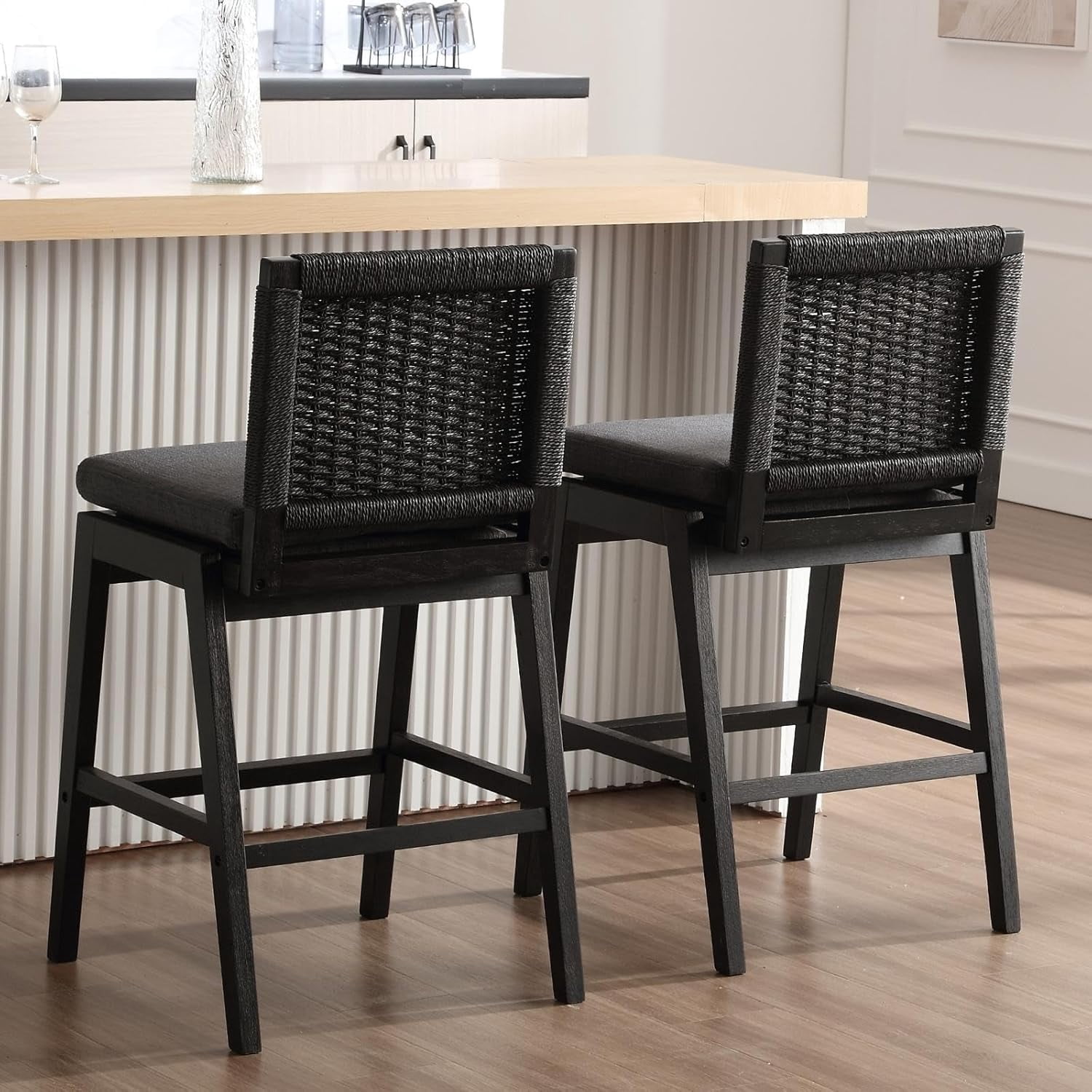Guyou Woven Counter Height Bar Stools Set of 2, 29" Natural Wood Bar stools with Seagrass Back for Kitchen Island, Farmhouse & Coastal, Charcoal