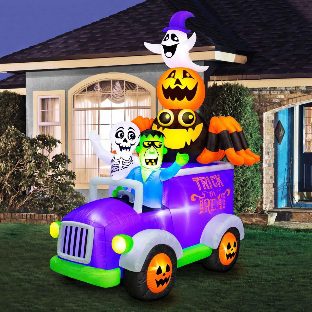 Occasions Halloween 10.5 Foot Inflatable Halloween Truck with Skeleton, Frankenstein, Spider, Pumpkin and Ghost