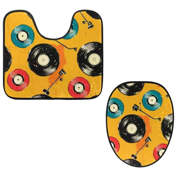 PhooArto Toilet Lid Cover and U-Shaped Toilet Floor Mat Set of 2 Pieces, Color Record Player Pattern Toilet Mat Set, Machine Washable Seat Covers Non-Slip Absorbent Rugs