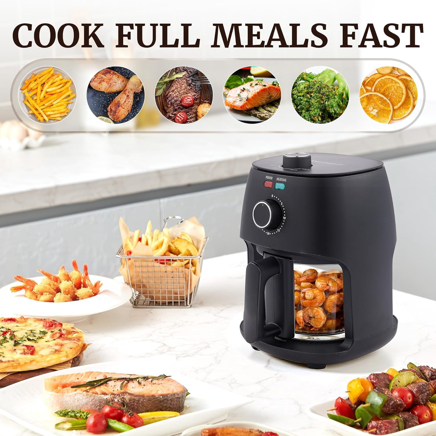 Glass Fryer 2.4 Qt Compact PFAS- Ceramic Basket Adjustable Temp 175-400F 1150W Black