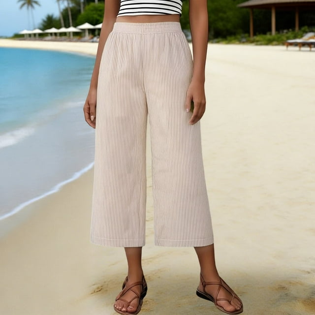 Capris Pantalons pour Femmes Chic Décontracté Capris Rayés en Lin pour Femmes Jambe Droite Taille Élastique Robe Décontractée Pantalons Raccourcis pour le Travail Voyage Beige P