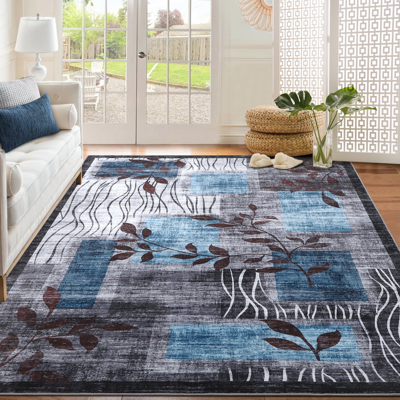 FairOnly 10'x13' Blue Rugs for Living Room Washable Abstract Leaf Area Rugs Soft Non Slip Contemporary Rugs for Dining Room Nursery Home Office Carpet
