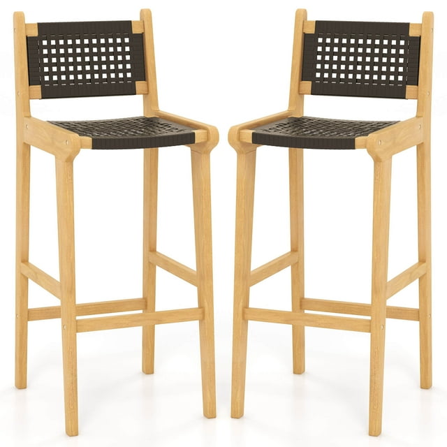 Costway 2 PCS 30" Teak Wood Bar Chair with Backrest & Footrest Bar Height Chair for Deck