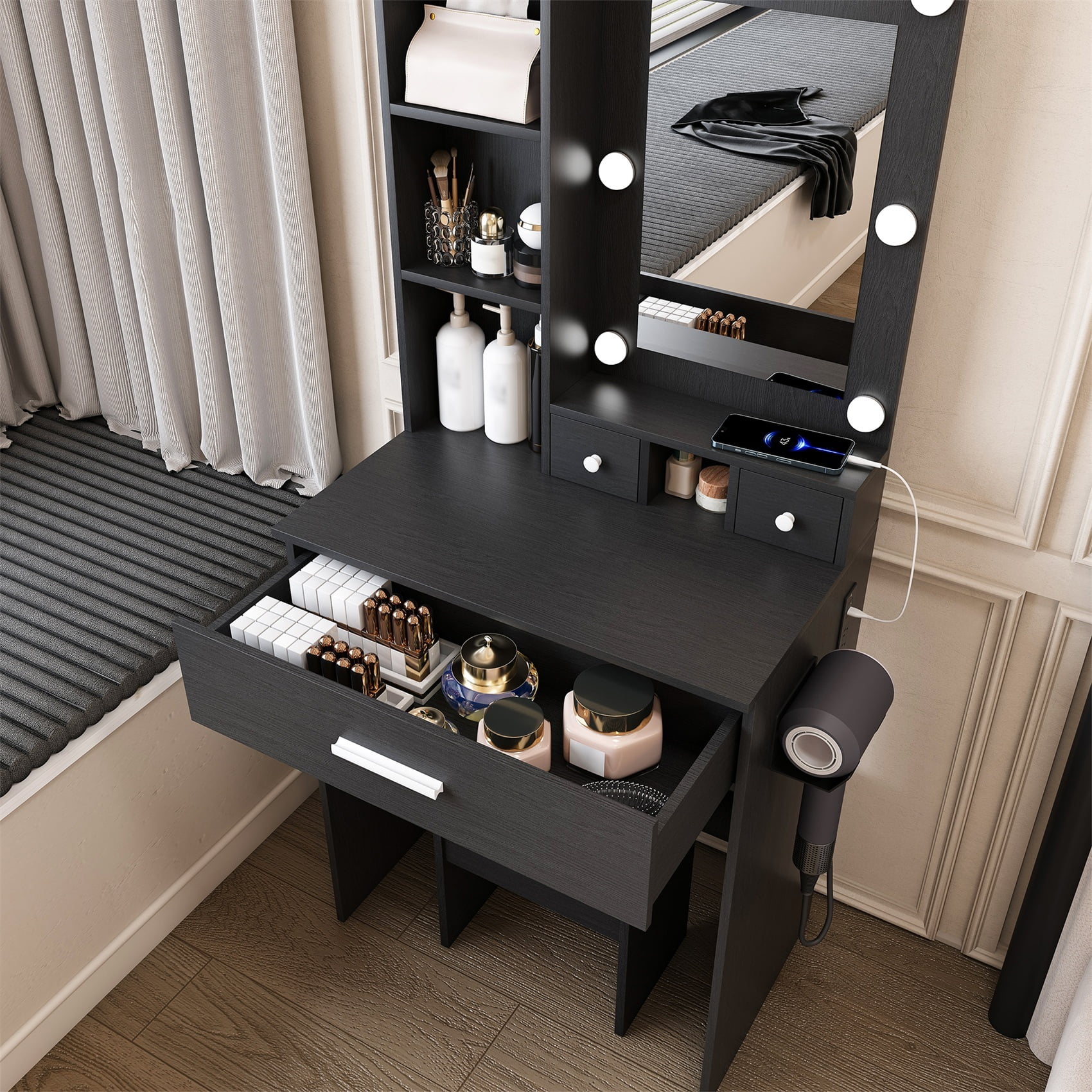 Alvantor Makeup Vanity Table and Chair Set with Mirror & Lights, Built-in Power Outlet & Hairdryer Holder, Black Finish