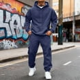 thumbnail image 3 of yuCgh Men's Fleece-Lined Thermal Two-Piece Tracksuit Set, Solid Color Hoodie with Cargo Joggers and Elastic Waist for Casual Outdoor Activities,Navy L, 3 of 9