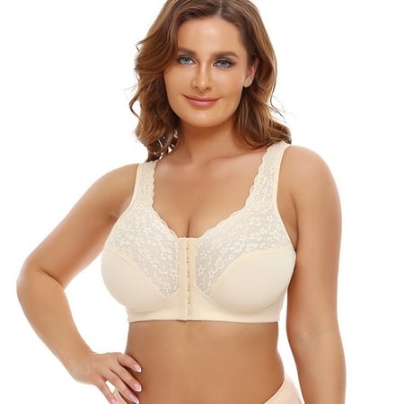 Yyeselk Womens Plus Size Front Closure Lace Bras Push Up Wirefree Unlined Comfort Everyday Bra Back Smoothing Full Support Bra Beige XXXL