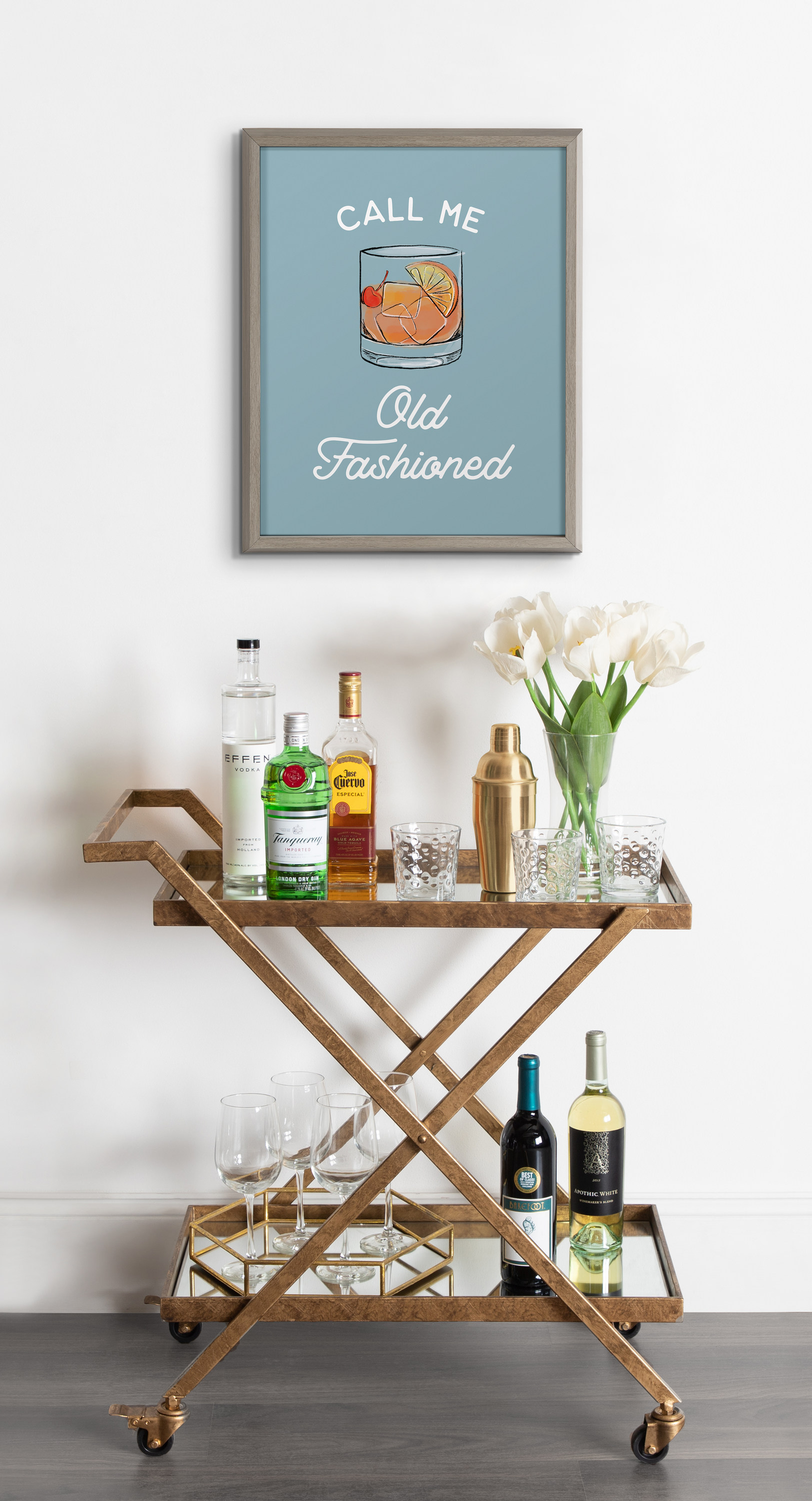 Kate and Laurel Call Me Old Fashioned Blue Framed Printed Glass Wall Art , Kitchen Bar Wall Decor by The Creative Bunch Studio, 16x20 Gray,