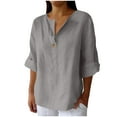 thumbnail image 3 of VKOYWKM Womens Linen Tops 3/4 Sleeve Button V Neck Roll-Up Shirts Solid Casual Loose Fit Tunic Top Fall Summer Work Blouses Plus Size, 3 of 7